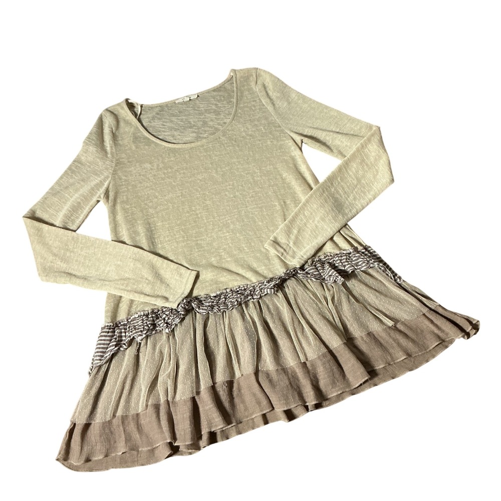 Easel Boho Mixed Media Ruffle Hem Tunic Women S Beige Long Sleeve ET2331 Tiered